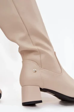 Best Skórzane Ocieplane Kozaki Damskie Na Obcasie A7165-04 Beżowe Damskie Kozaki Ocieplane|Muszkieterki