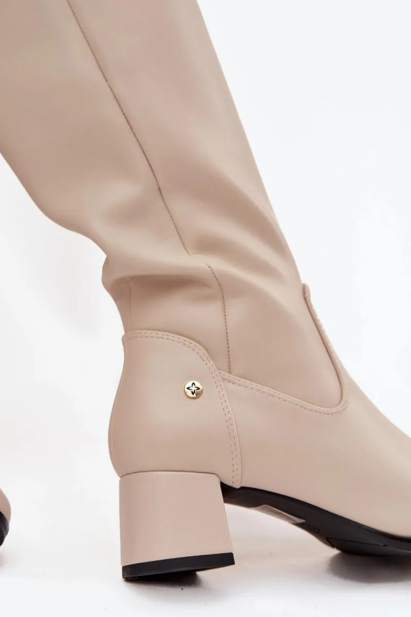 Best Skórzane Ocieplane Kozaki Damskie Na Obcasie A7165-04 Beżowe Damskie Kozaki Ocieplane|Muszkieterki