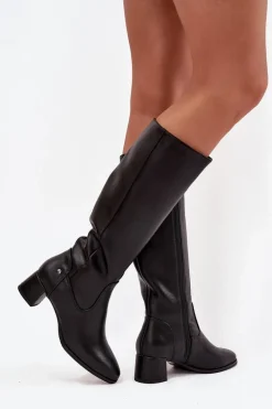 Clearance Maciejka Skórzane Ocieplane Kozaki Damskie Na Obcasie A7165-01 Czarne Czarny