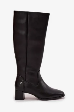 Clearance Maciejka Skórzane Ocieplane Kozaki Damskie Na Obcasie A7165-01 Czarne Czarny