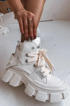 Buty Sportowe Na Platformie|Sneakersy Damskie>GOE Skórzane Ocieplane Sportowe Botki SS2N4055 Białe