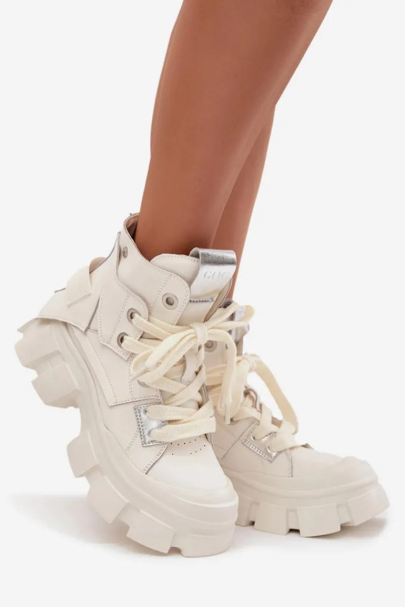 Buty Sportowe Na Platformie|Sneakersy Damskie>GOE Skórzane Ocieplane Sportowe Botki SS2N4055 Białe
