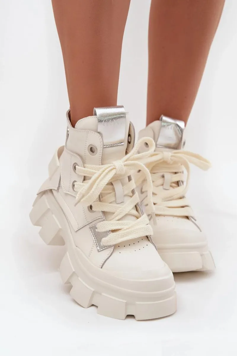 Buty Sportowe Na Platformie|Sneakersy Damskie>GOE Skórzane Ocieplane Sportowe Botki SS2N4055 Białe