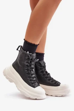 Big Star Shoes Skórzane Ocieplane Trampki Na Masywnej Platformie Big Star OO274A599 Czarne Czarny