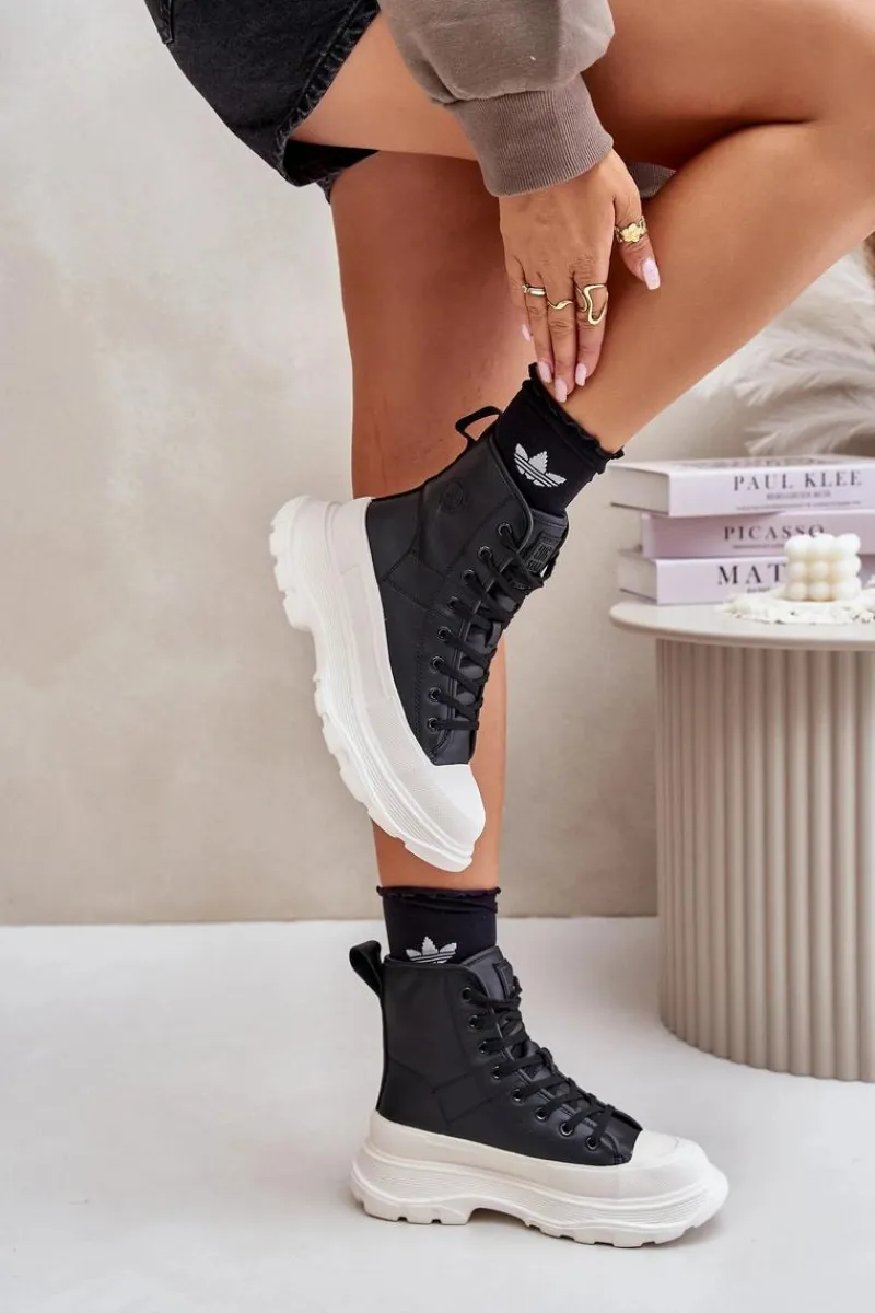 Big Star Shoes Skórzane Ocieplane Trampki Na Masywnej Platformie Big Star OO274A599 Czarne Czarny