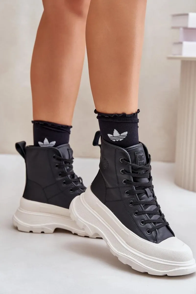 Big Star Shoes Skórzane Ocieplane Trampki Na Masywnej Platformie Big Star OO274A599 Czarne Czarny