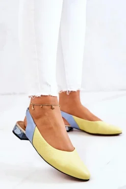 Sale Skórzane Odkryte Baleriny Na Obcasie Żółto-Niebieskie Noreen Damskie Baleriny Skórzane|Baleriny Klasyczne