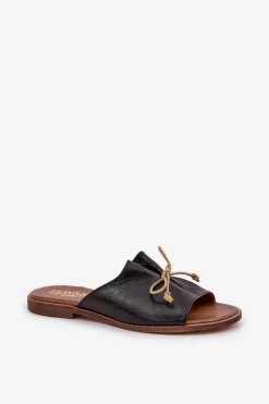 Boto Skórzane Płaskie Eleganckie Klapki Z Kokardką Lewski 3572 Czarne Czarny