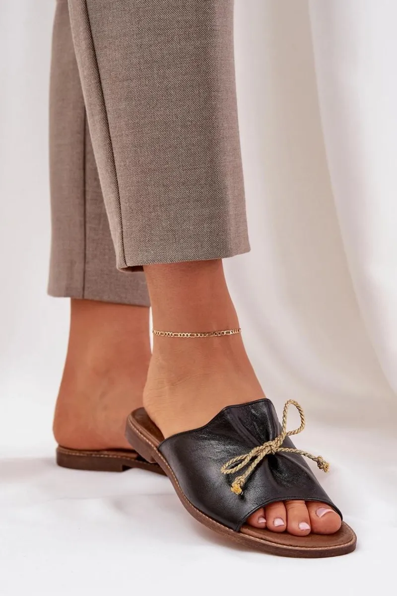 Boto Skórzane Płaskie Eleganckie Klapki Z Kokardką Lewski 3572 Czarne Czarny