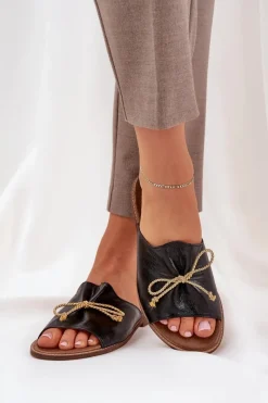 Boto Skórzane Płaskie Eleganckie Klapki Z Kokardką Lewski 3572 Czarne Czarny