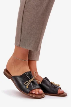 Boto Skórzane Płaskie Eleganckie Klapki Z Kokardką Lewski 3572 Czarne Czarny