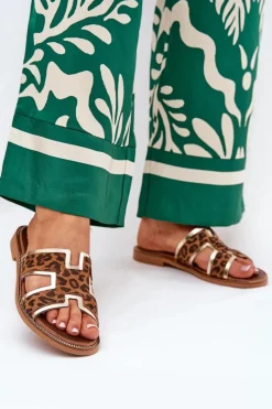 Sale Skórzane Płaskie Klapki W Panterkę 40383 Brązowe Damskie Klapki Damskie Klasyczne