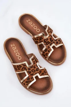 Sale Skórzane Płaskie Klapki W Panterkę 40383 Brązowe Damskie Klapki Damskie Klasyczne