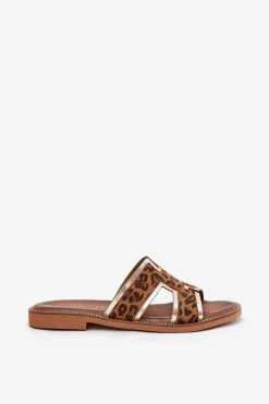 Sale Skórzane Płaskie Klapki W Panterkę 40383 Brązowe Damskie Klapki Damskie Klasyczne