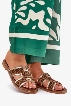 Sale Skórzane Płaskie Klapki W Panterkę 40383 Brązowe Damskie Klapki Damskie Klasyczne