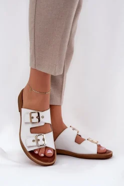 New Zazoo Skórzane Płaskie Klapki Z Klamrami 3020 Białe Biały