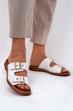 New Zazoo Skórzane Płaskie Klapki Z Klamrami 3020 Białe Biały