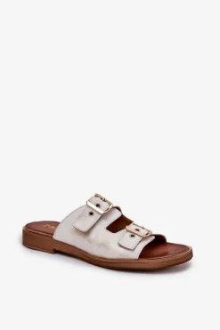 Outlet Skórzane Płaskie Klapki Z Klamrami 3020 Przecierany Damskie Klapki Damskie Klasyczne