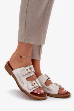 Outlet Skórzane Płaskie Klapki Z Klamrami 3020 Przecierany Damskie Klapki Damskie Klasyczne