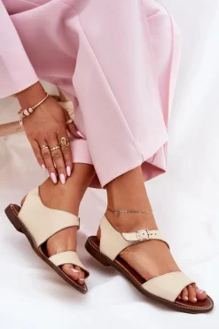 Online Skórzane Płaskie Sandały Damskie 3014 Beżowe Damskie Sandały Płaskie