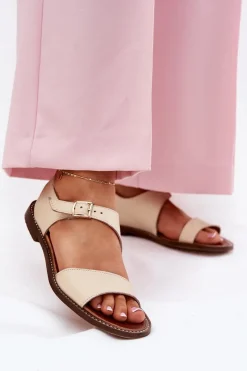 Online Skórzane Płaskie Sandały Damskie 3014 Beżowe Damskie Sandały Płaskie