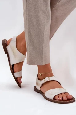 Clearance Zazoo Skórzane Płaskie Sandały Damskie 3014 Przecierany Złoty