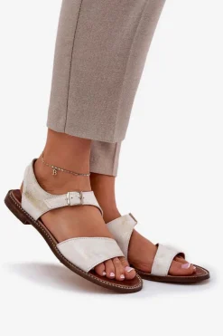 Clearance Zazoo Skórzane Płaskie Sandały Damskie 3014 Przecierany Złoty