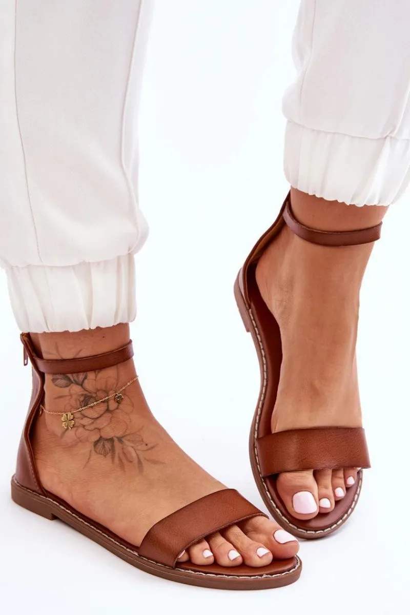 Discount Boto Skórzane Płaskie Sandały Na Zamek Brązowe Millou