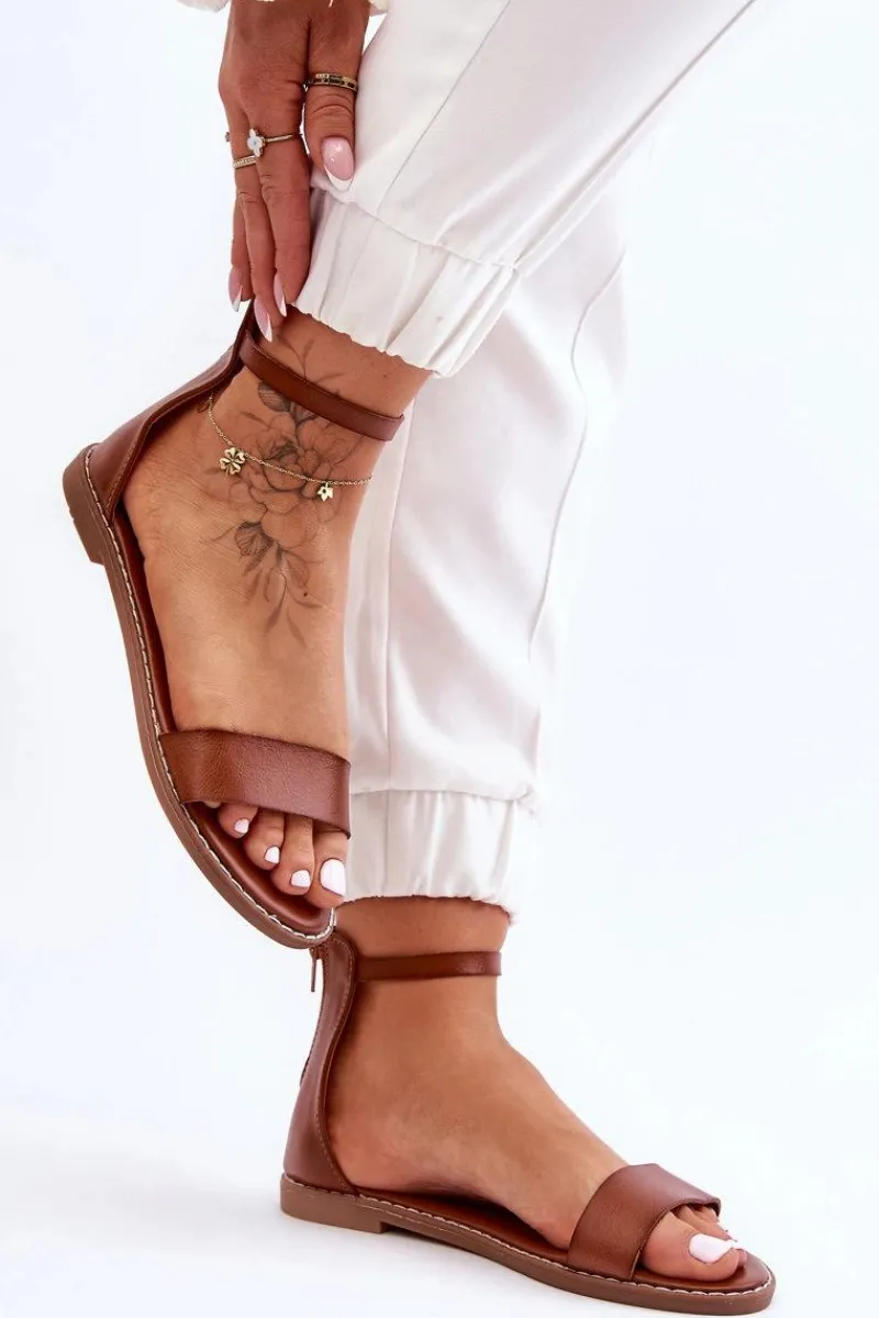 Discount Boto Skórzane Płaskie Sandały Na Zamek Brązowe Millou