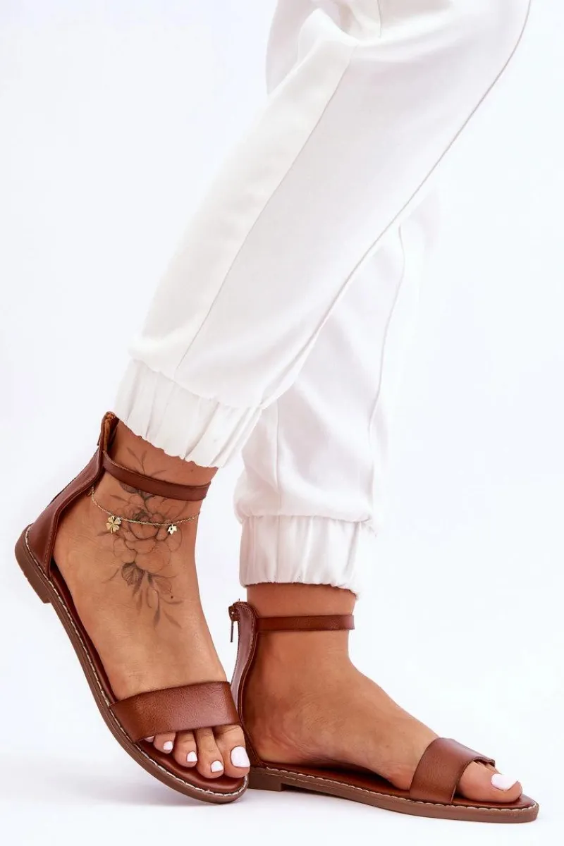 Discount Boto Skórzane Płaskie Sandały Na Zamek Brązowe Millou