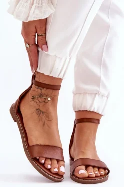 Discount Boto Skórzane Płaskie Sandały Na Zamek Brązowe Millou