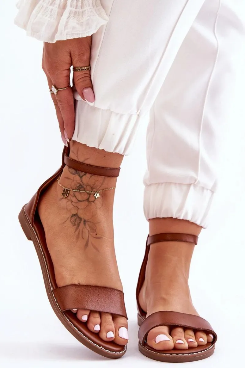 Discount Boto Skórzane Płaskie Sandały Na Zamek Brązowe Millou