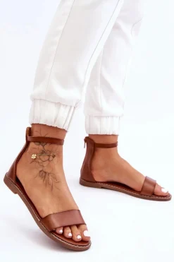 Discount Boto Skórzane Płaskie Sandały Na Zamek Brązowe Millou