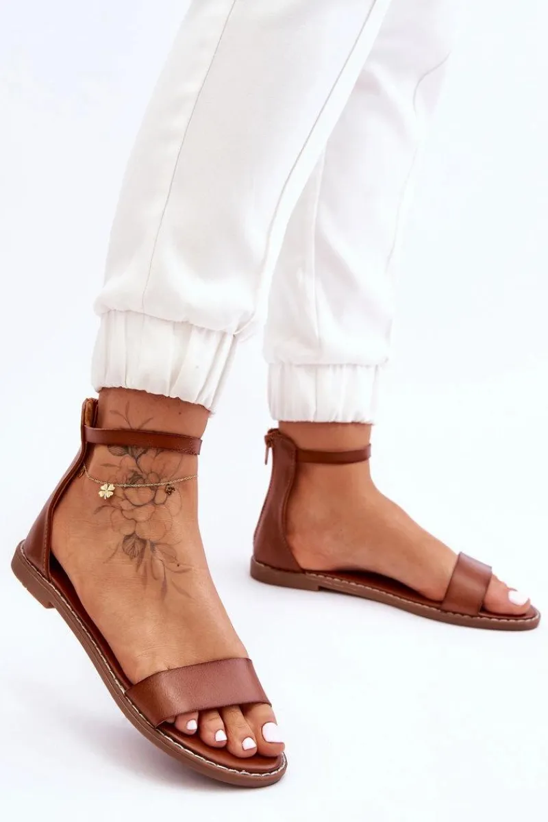 Discount Boto Skórzane Płaskie Sandały Na Zamek Brązowe Millou