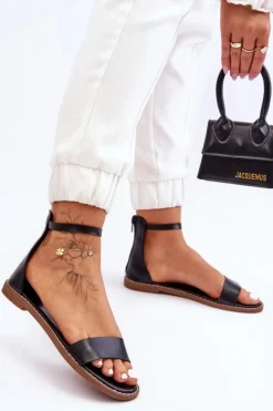 Hot Boto Skórzane Płaskie Sandały Na Zamek Czarne Millou