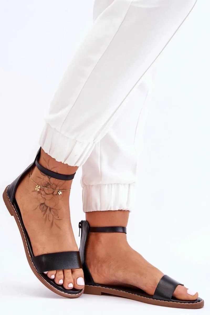 Hot Boto Skórzane Płaskie Sandały Na Zamek Czarne Millou