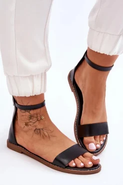 Hot Boto Skórzane Płaskie Sandały Na Zamek Czarne Millou