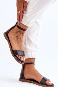 Hot Boto Skórzane Płaskie Sandały Na Zamek Czarne Millou