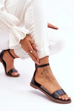 Hot Boto Skórzane Płaskie Sandały Na Zamek Czarne Millou