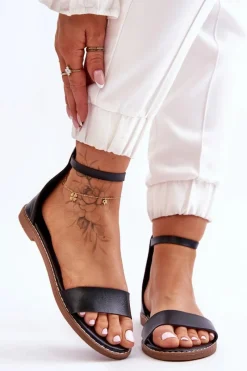 Hot Boto Skórzane Płaskie Sandały Na Zamek Czarne Millou