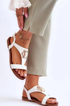 Sandały Płaskie></noscript>Damskie buty S.Barski Skórzane Płaskie Sandały S.Barski KV-5541-32 Białe