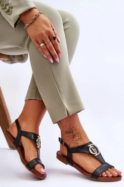 Skórzane Płaskie Sandały S.Barski KV-5541-32 Czarne Damskie Sandały Płaskie