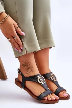 Skórzane Płaskie Sandały S.Barski KV-5541-32 Czarne Damskie Sandały Płaskie