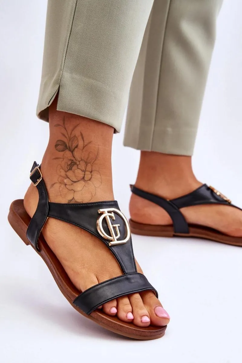 Skórzane Płaskie Sandały S.Barski KV-5541-32 Czarne Damskie Sandały Płaskie