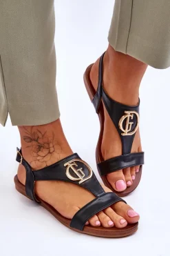 Skórzane Płaskie Sandały S.Barski KV-5541-32 Czarne Damskie Sandały Płaskie