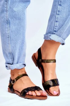Hot Skórzane Płaskie Sandały S.Barski Czarno-Złote Damskie Sandały Płaskie