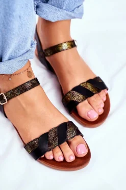 Hot Skórzane Płaskie Sandały S.Barski Czarno-Złote Damskie Sandały Płaskie