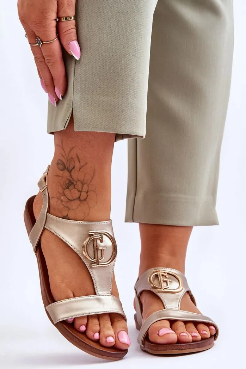 New Damskie buty S.Barski Skórzane Płaskie Sandały S.Barski KV-5541-32 Złote