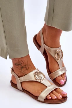 New Damskie buty S.Barski Skórzane Płaskie Sandały S.Barski KV-5541-32 Złote