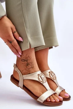 New Damskie buty S.Barski Skórzane Płaskie Sandały S.Barski KV-5541-32 Złote